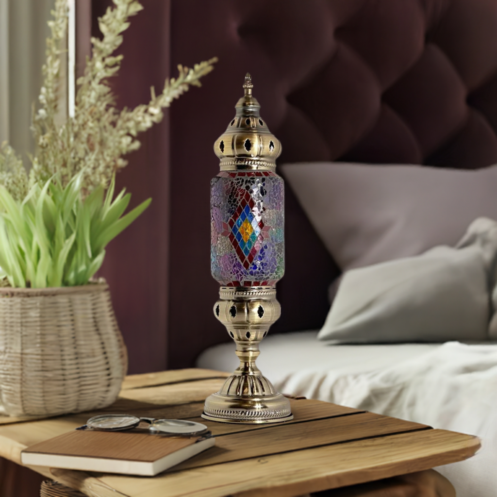 Kaleidoscope Vision mosaic glass table lamp — on a nightstand