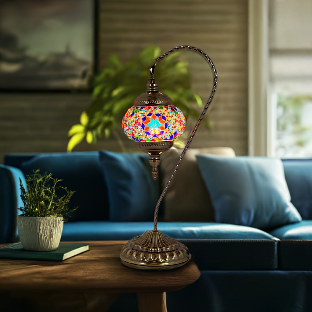 Handcrafted Colorful Swan Neck Mosaic Night Lamp mosaic glass table lamp — glowing in a styled room