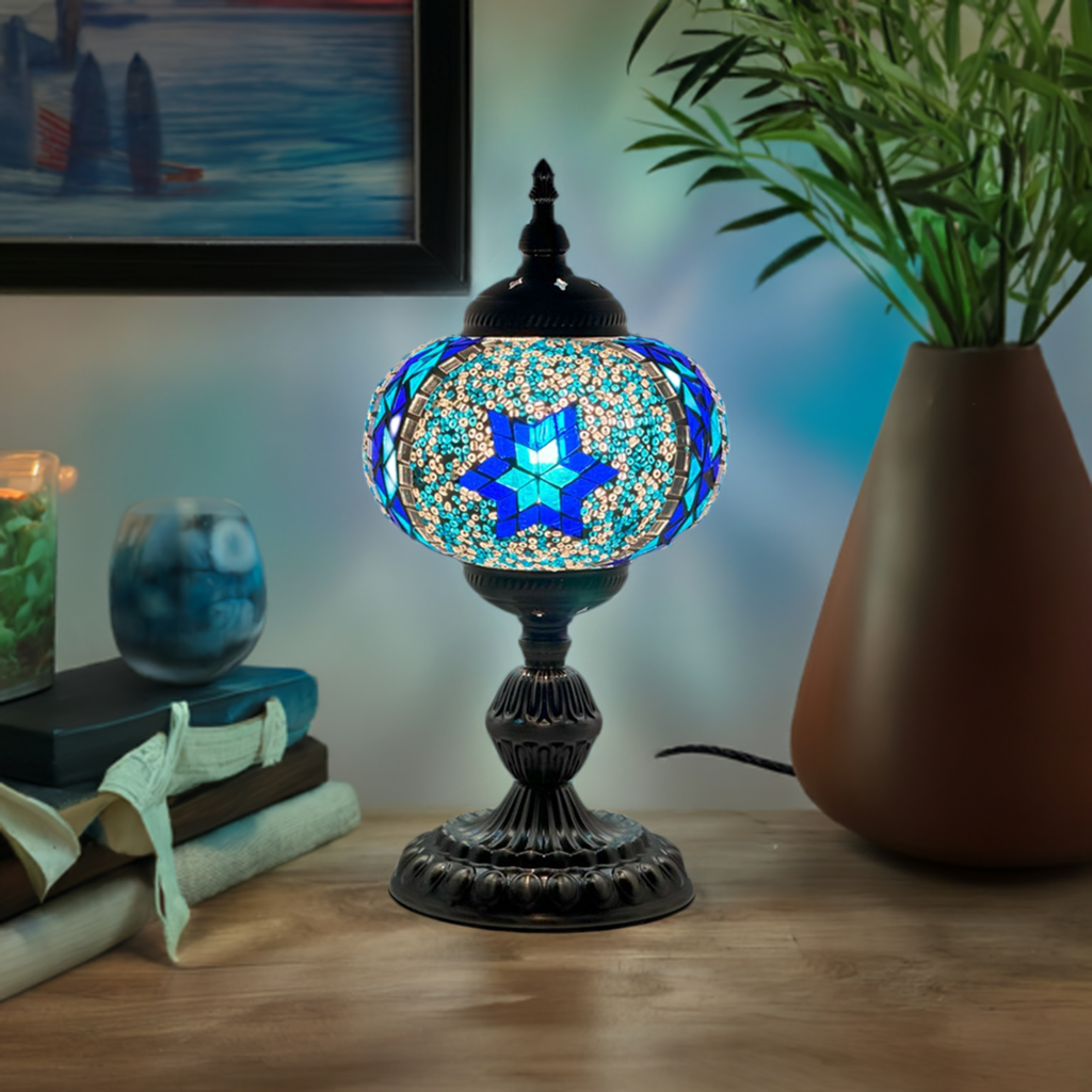 Traditional Blue Star Mosaic Turkish Table Lamp mosaic glass table lamp — size and dimensions