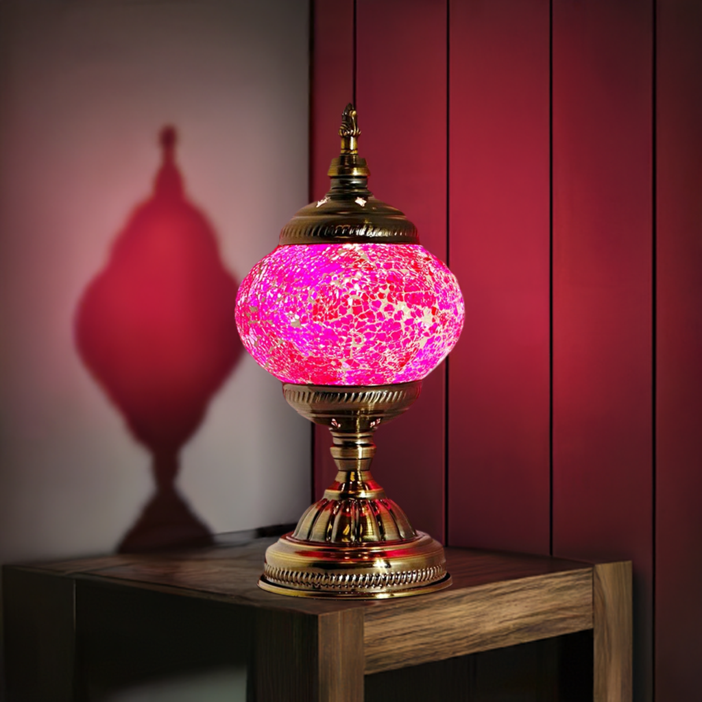Amethyst Hues mosaic glass table lamp — on a nightstand