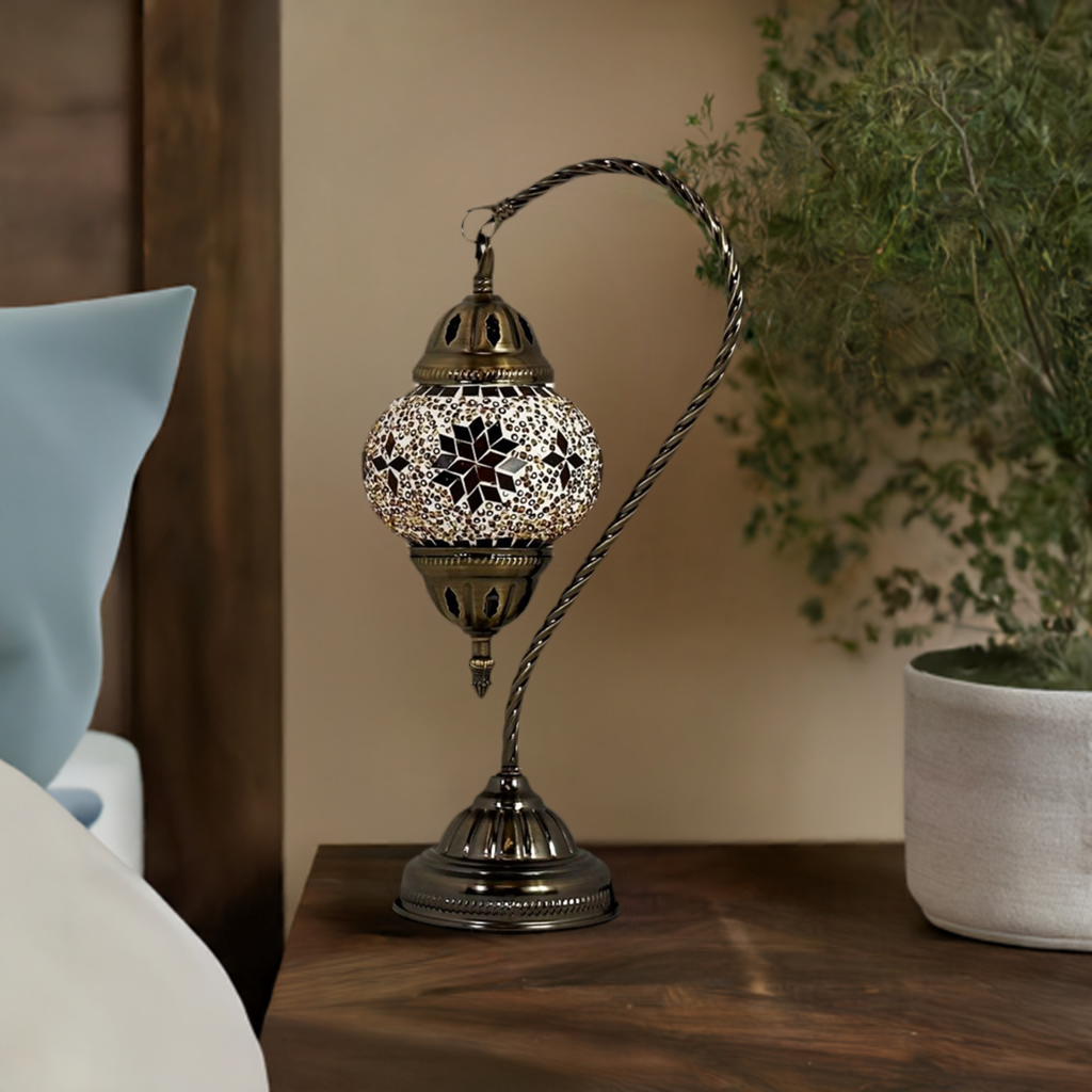 Sunset Glow mosaic glass table lamp — on a nightstand