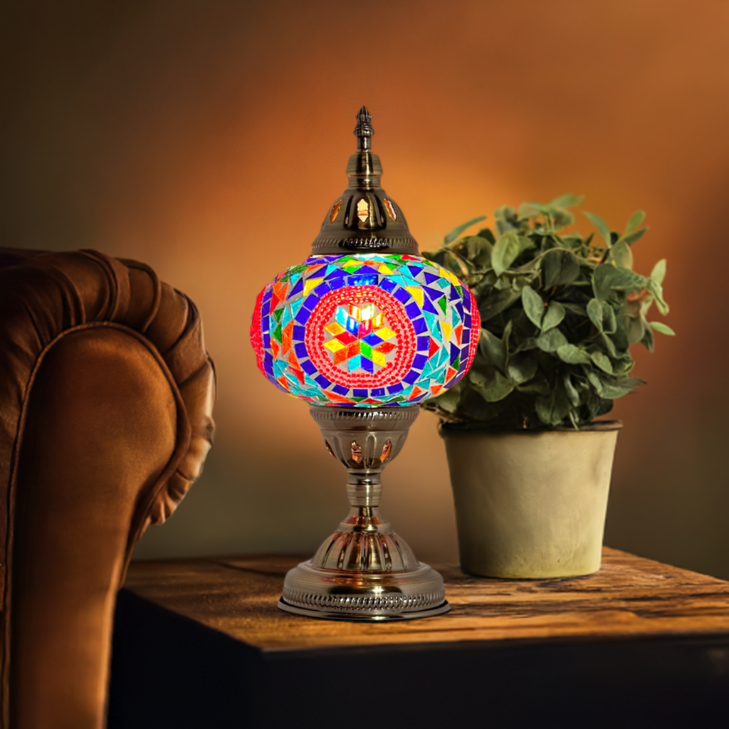 Desert Rose Blue Mosaic Desk Lamp mosaic glass table lamp — glowing in a styled room