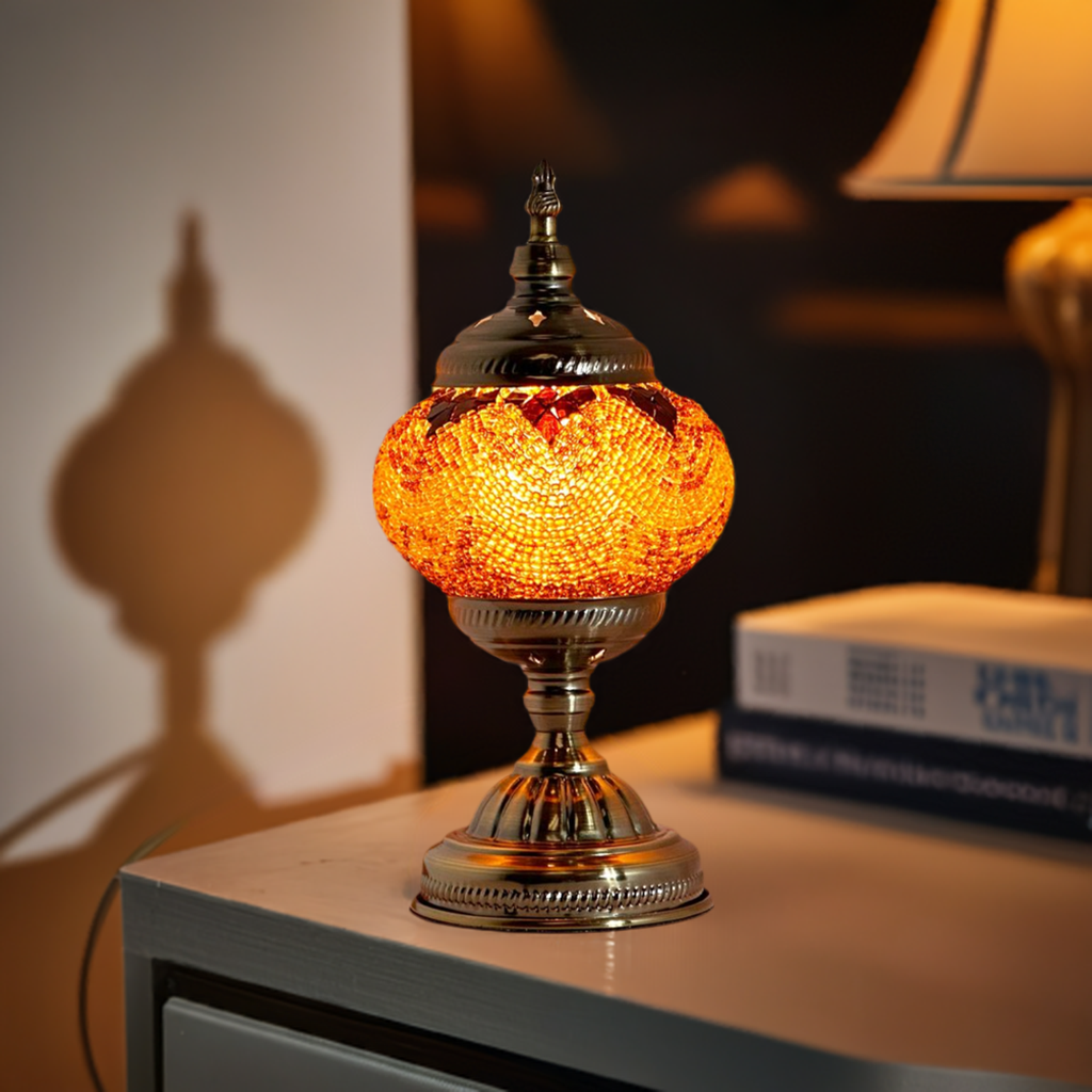Desert Mirage mosaic glass table lamp — glowing in a styled room