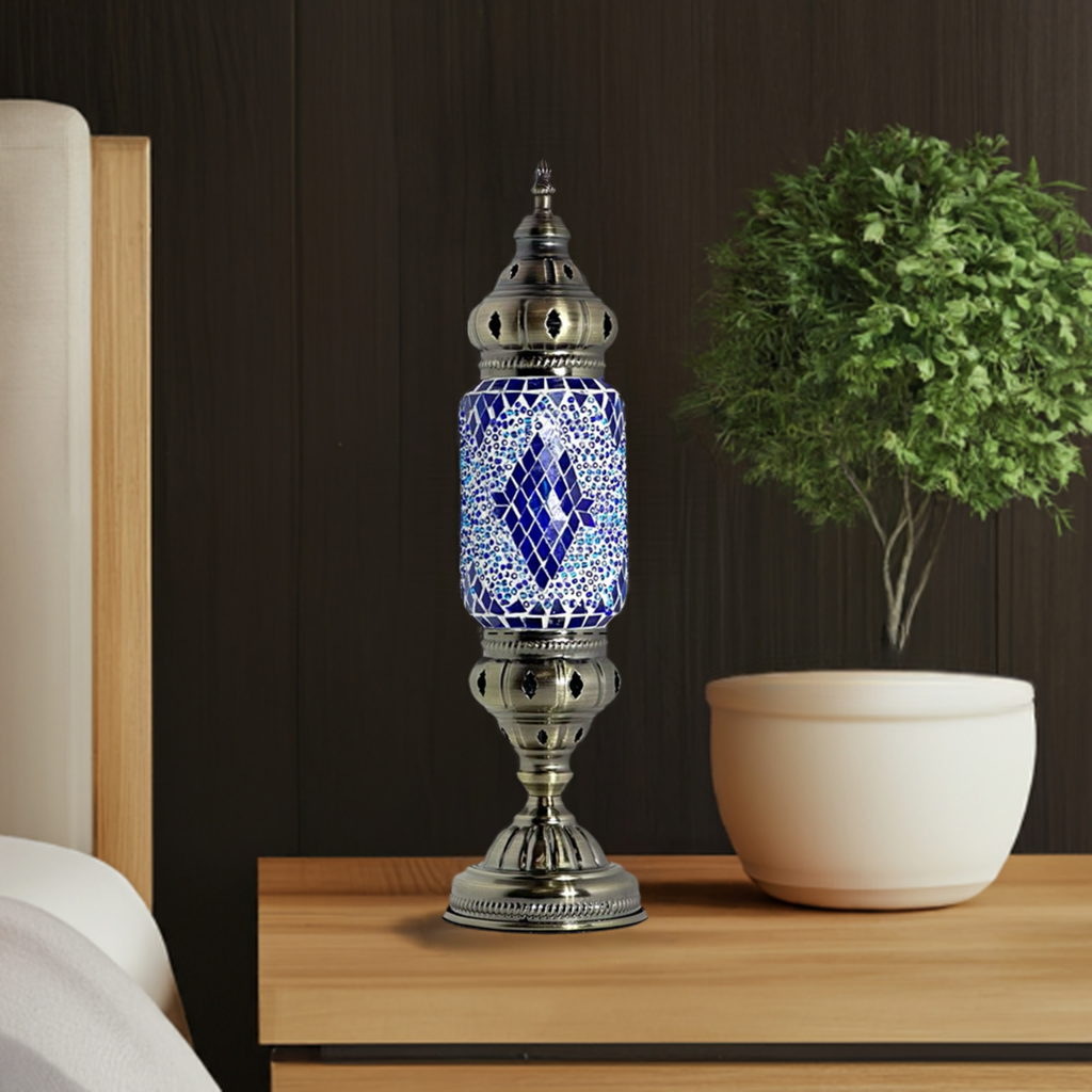 Turkish Blue Diamond Lamp mosaic glass table lamp — on a nightstand