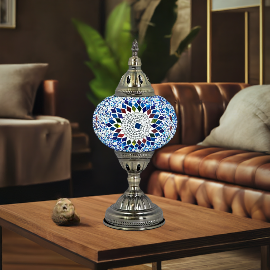 Cold Sunflower Turkish Lamp in Blue mosaic glass table lamp — on a nightstand