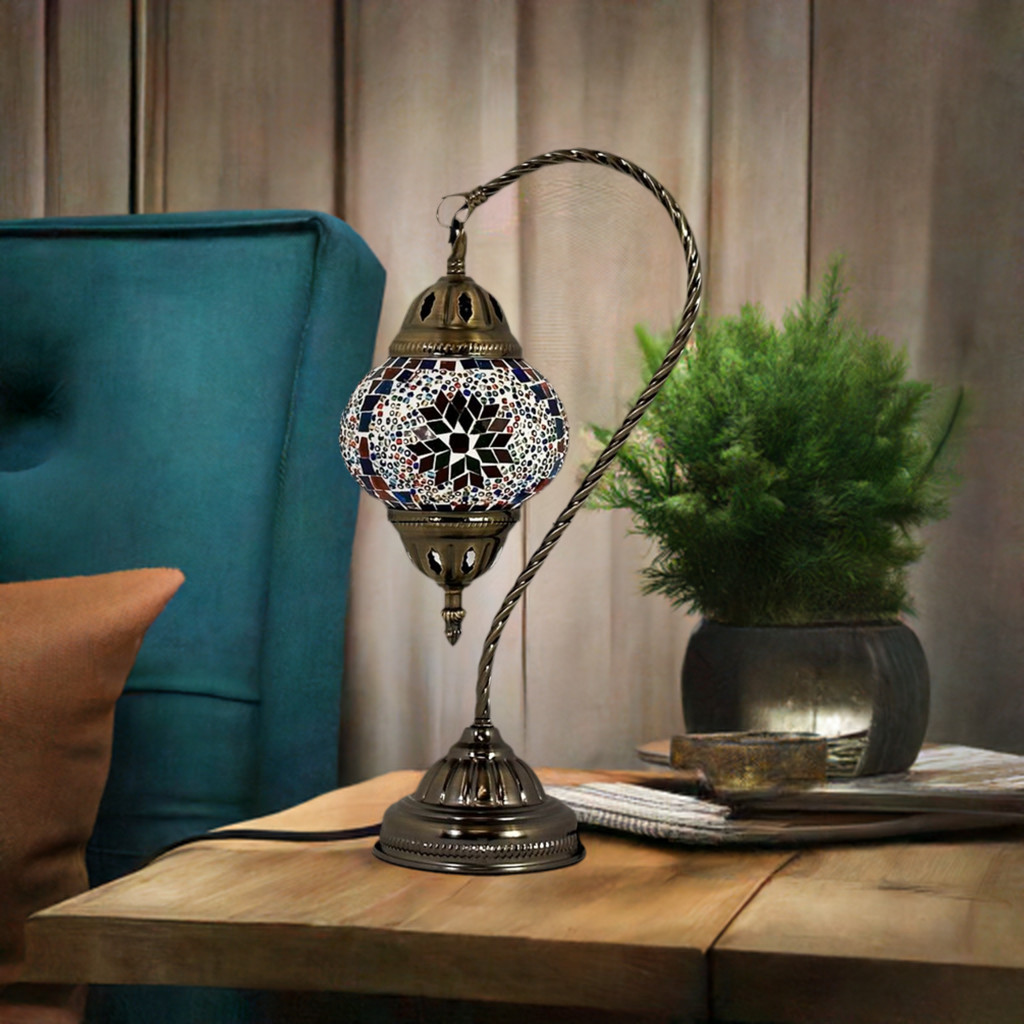 Floral Charm mosaic glass table lamp — on a nightstand
