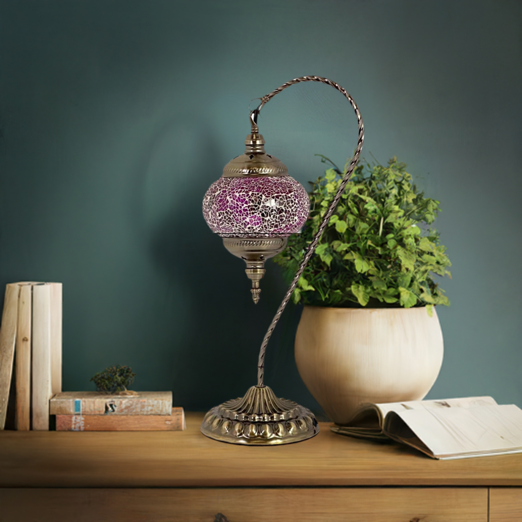 Elegant Lavender mosaic glass table lamp — on a nightstand