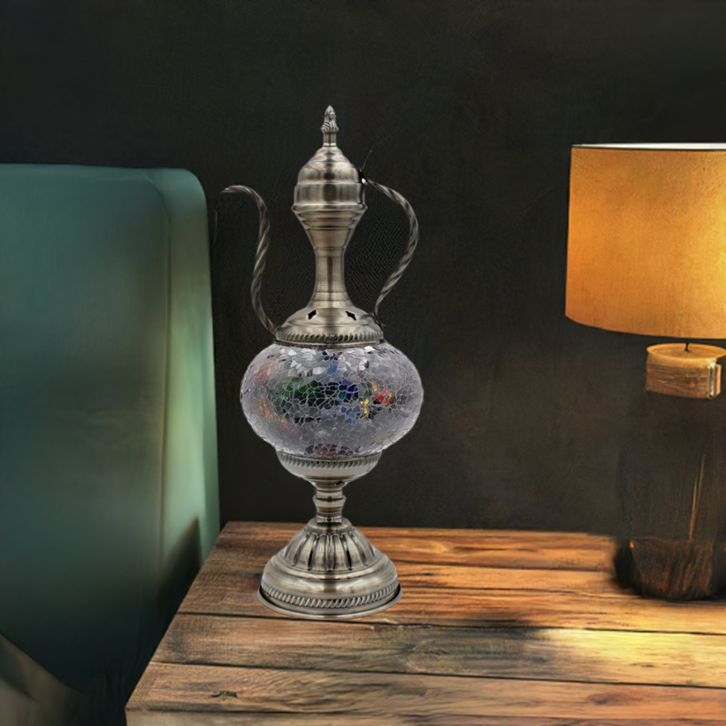 Celestial Beauty mosaic glass table lamp — on a nightstand