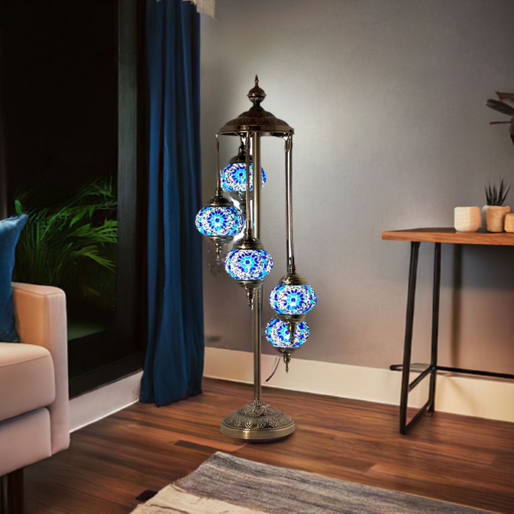 Oceanic Dreams mosaic glass table lamp — glowing in a styled room