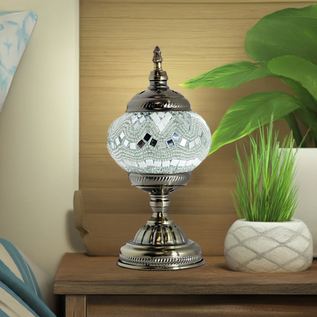 Bright Moonlight Colors mosaic glass table lamp — on a nightstand