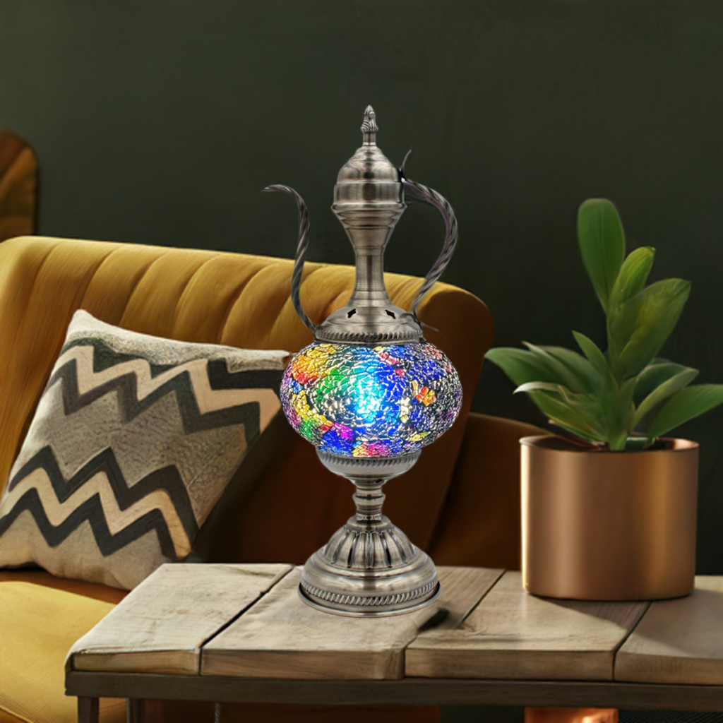Celestial Beauty mosaic glass table lamp — glowing in a styled room