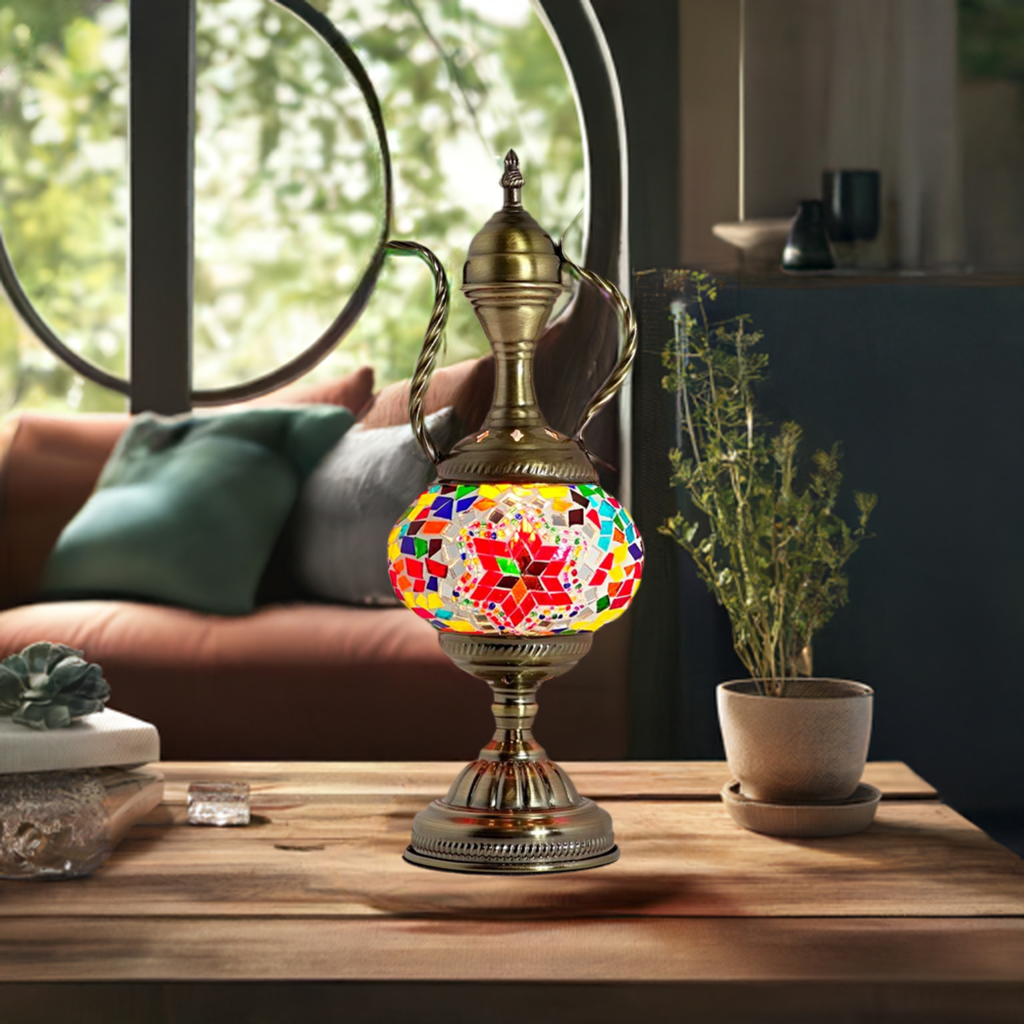 Crimson Elegance mosaic glass table lamp — glowing in a styled room