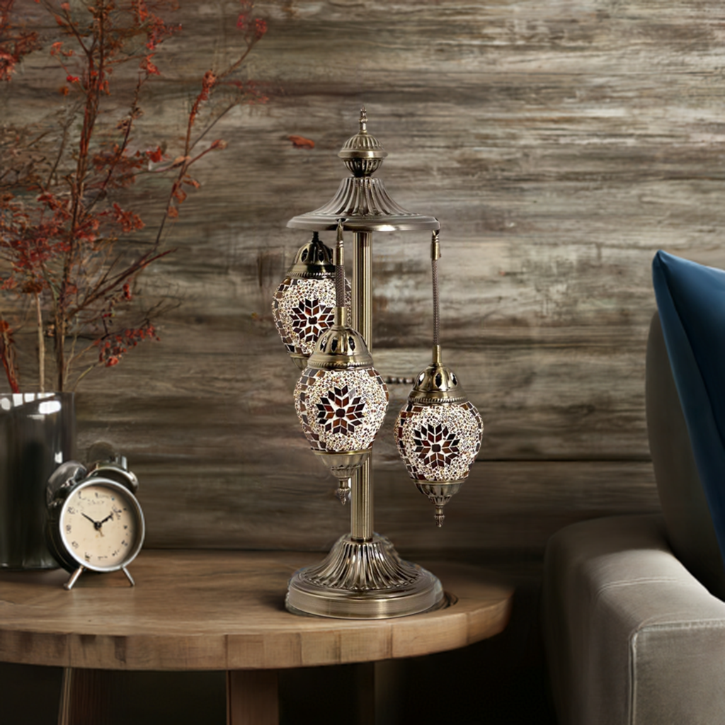 Citrus Charm mosaic glass table lamp — on a nightstand