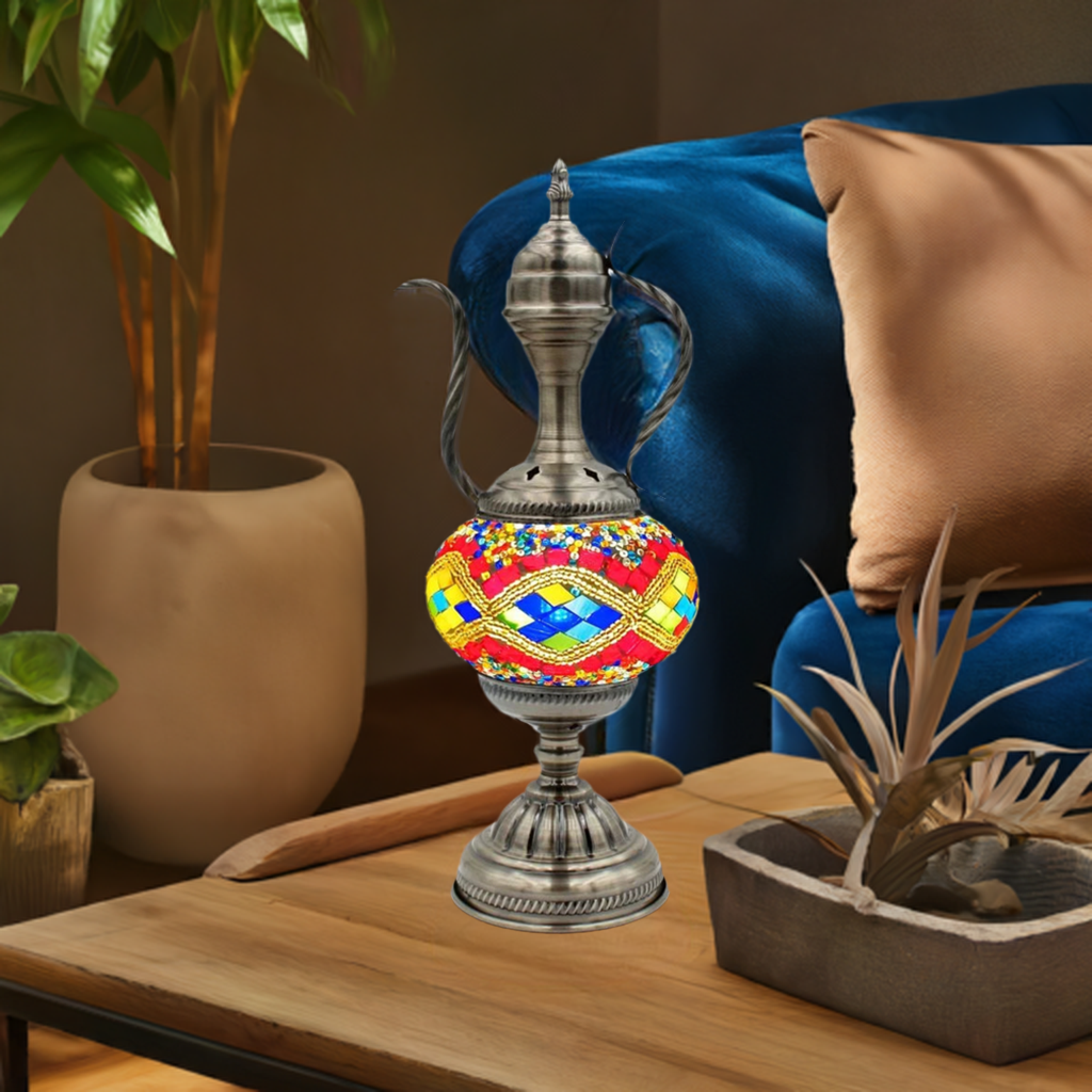 Rainbow Enchantment mosaic glass table lamp — glowing in a styled room