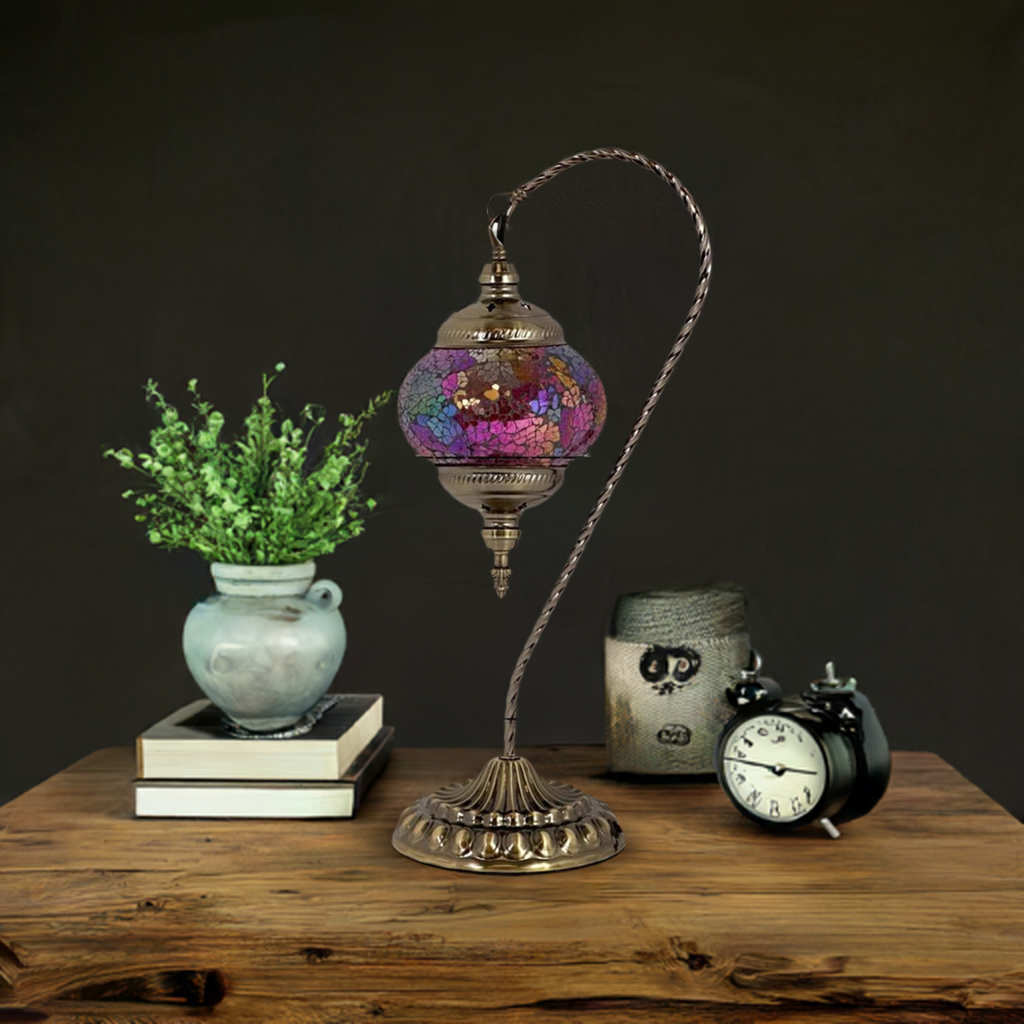 Fiery Grace mosaic glass table lamp — on a nightstand