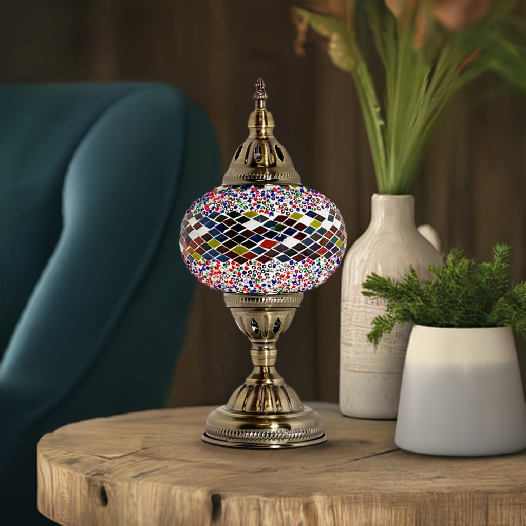 Color Spectrum mosaic glass table lamp — on a nightstand