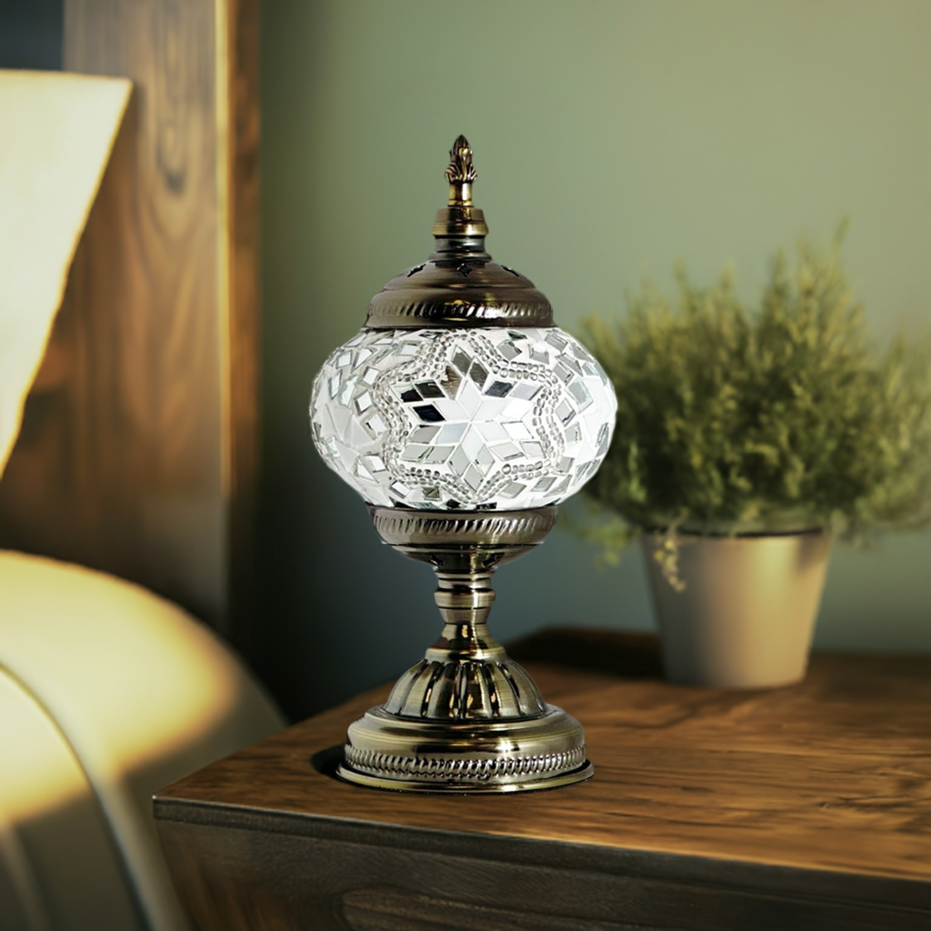 Moroccan Charm mosaic glass table lamp — on a nightstand