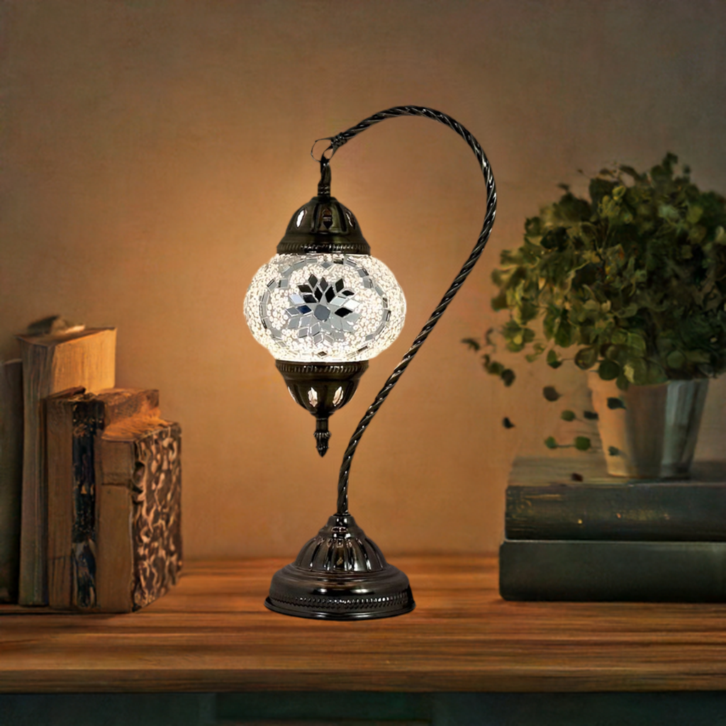 Ethereal Flora mosaic glass table lamp — glowing in a styled room