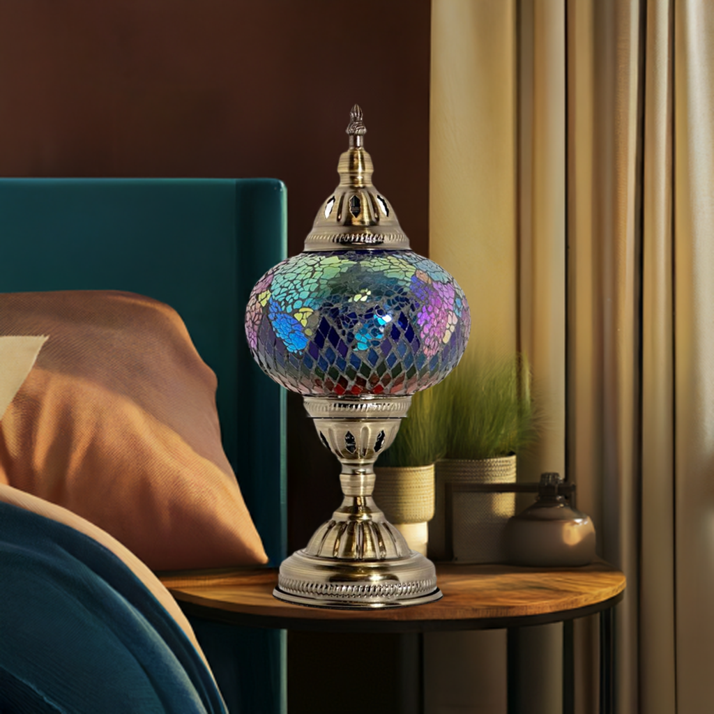 Vintage Atlantis Rainbow Mosaic Glass Lamp mosaic glass table lamp — on a nightstand