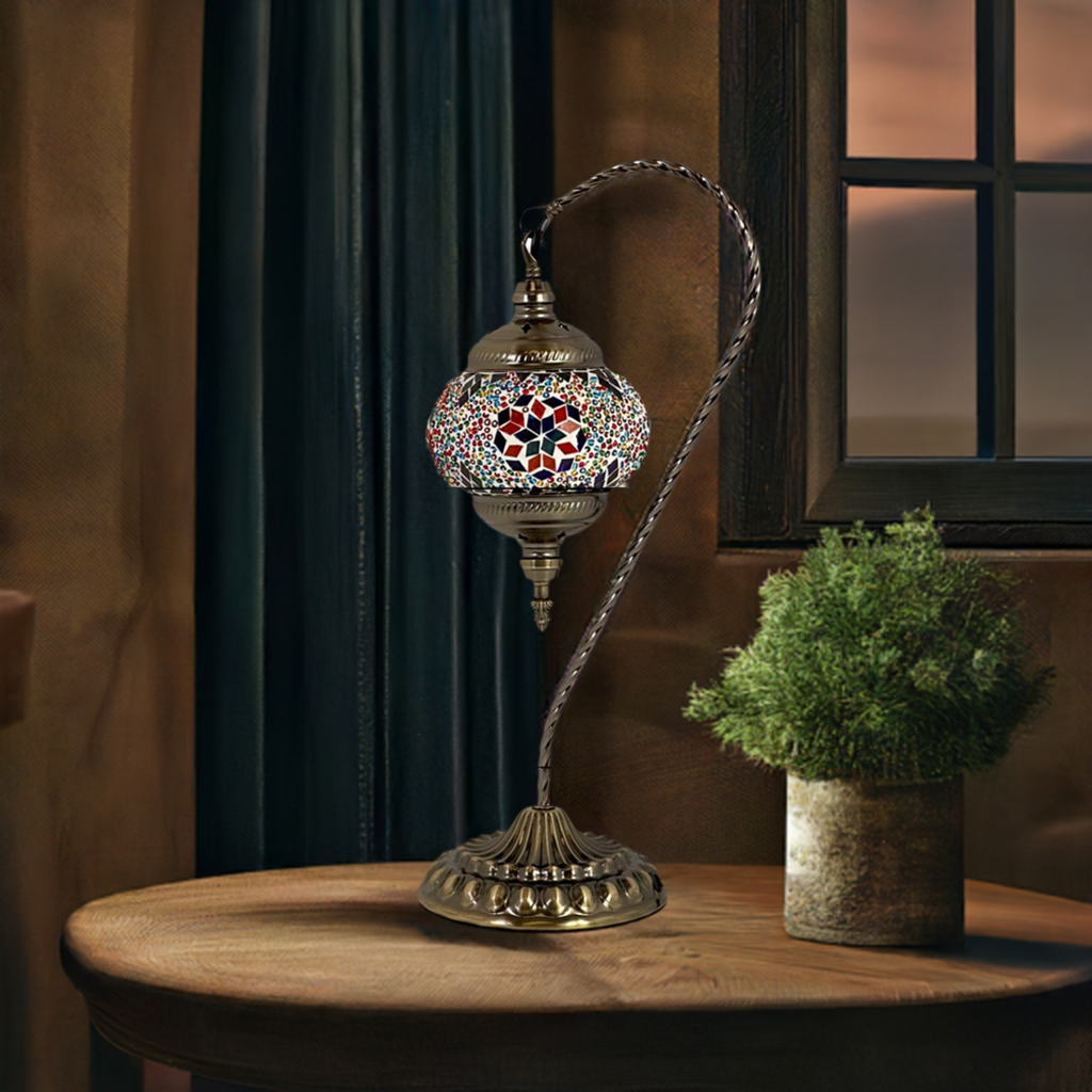 Handcrafted Colorful Swan Neck Mosaic Night Lamp mosaic glass table lamp — on a nightstand