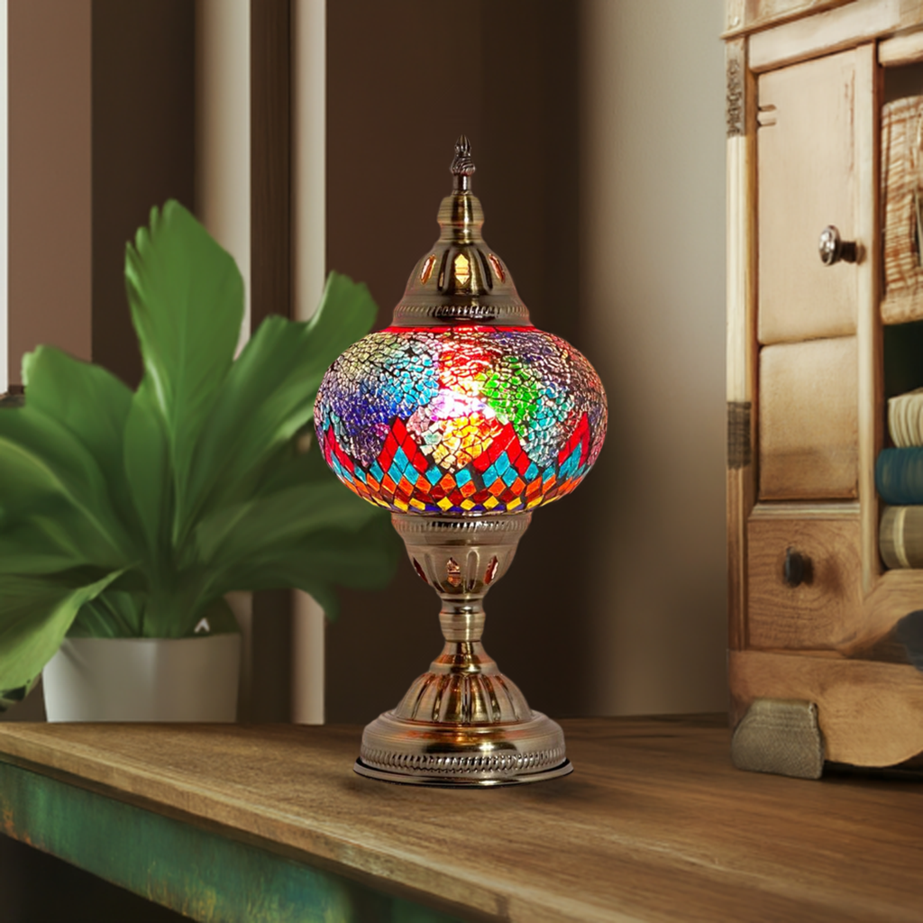 Cosmic Rainbow Bridge mosaic glass table lamp — glowing in a styled room