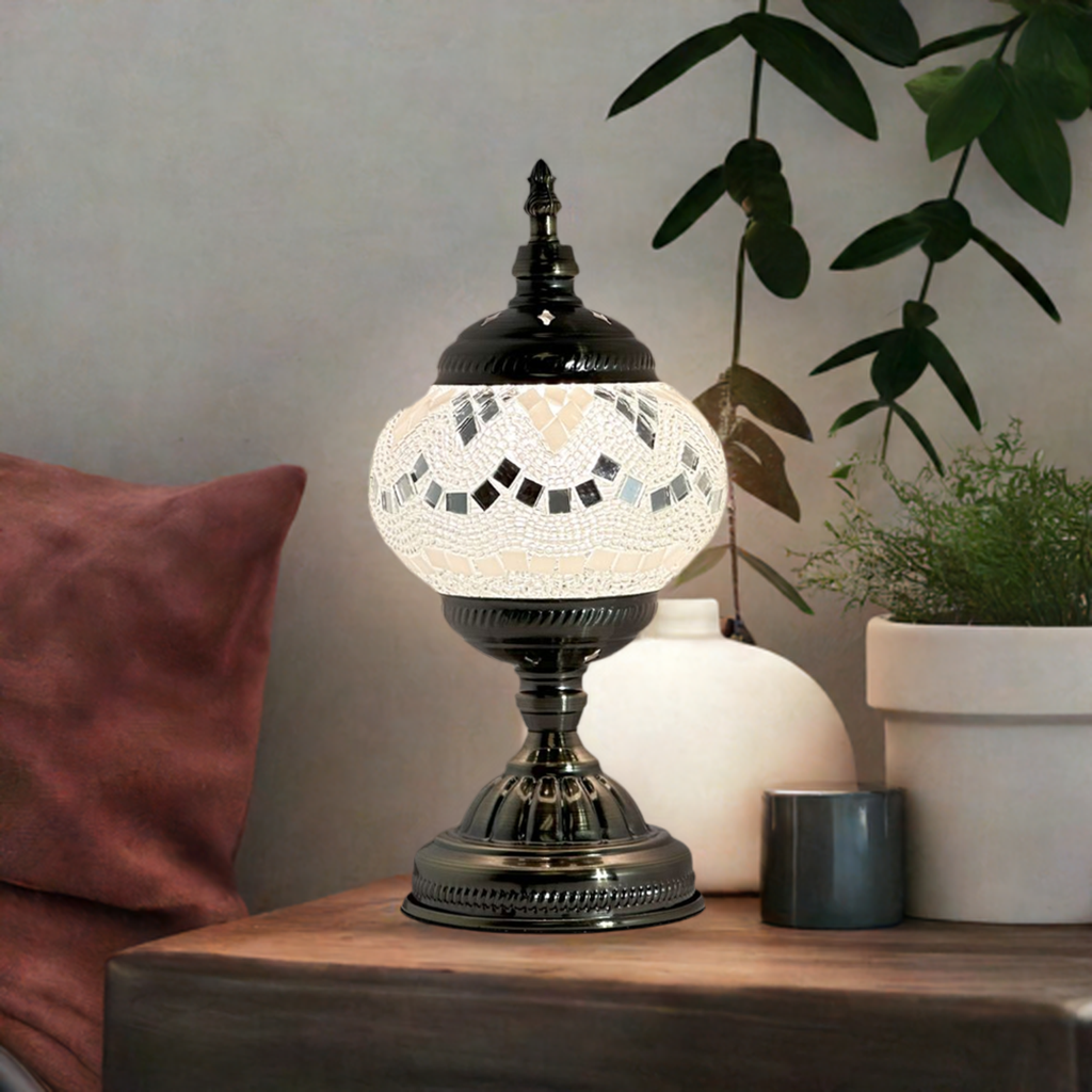 Bright Moonlight Colors mosaic glass table lamp — glowing in a styled room