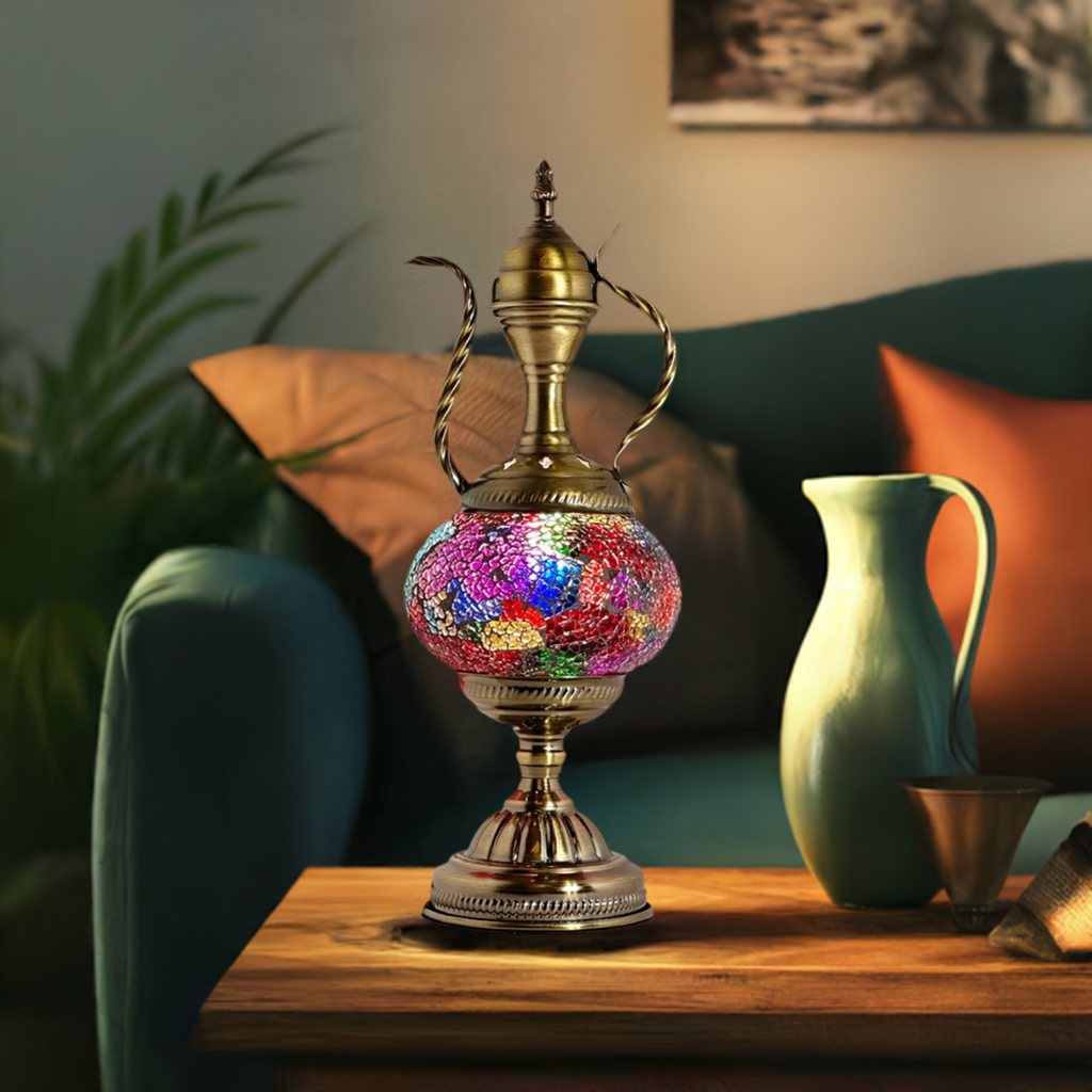 Diverse Colors Turkish Mosaic Lamp with Pitcher Silhouette mosaic glass table lamp — glowing in a styled room