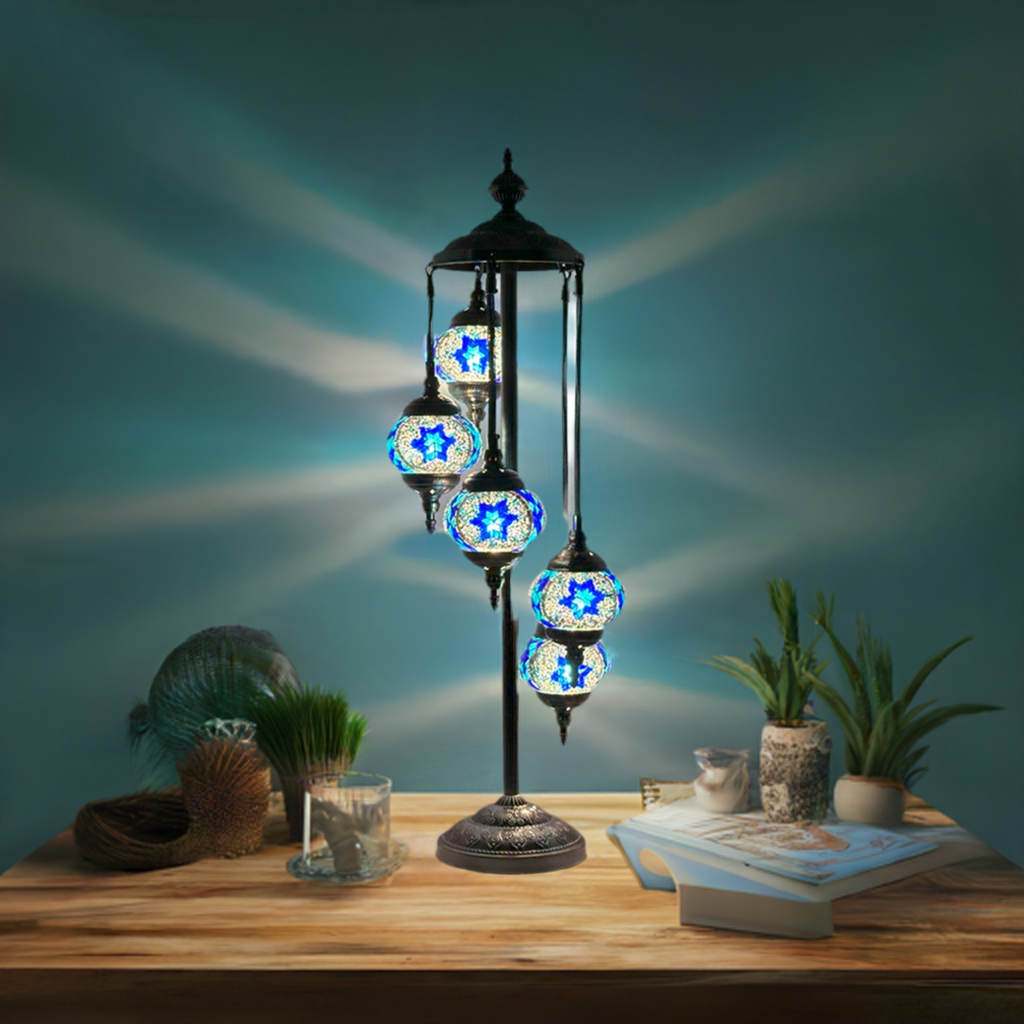 Majestic Blue Turkish Floor Lamp with 5 Mosaic Globes mosaic glass table lamp — glowing in a styled room