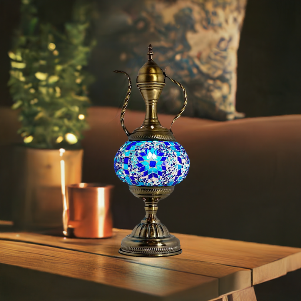 Midnight Blue Turkish Lamp with Pitcher Design mosaic glass table lamp — glowing in a styled room