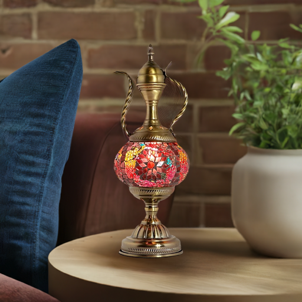 Rustic Brown Turkish Table Lamp with Mosaic Pitcher Design mosaic glass table lamp — glowing in a styled room