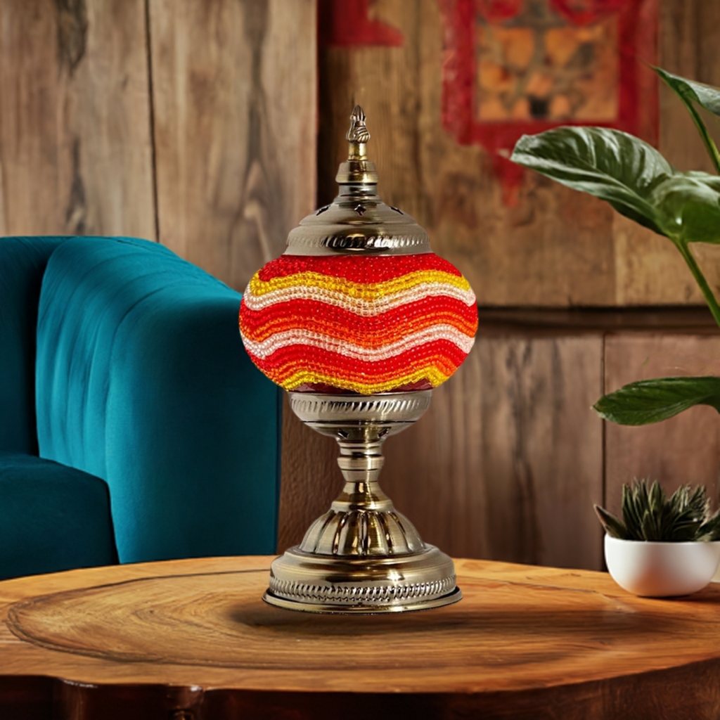 Golden Sands mosaic glass table lamp — on a nightstand