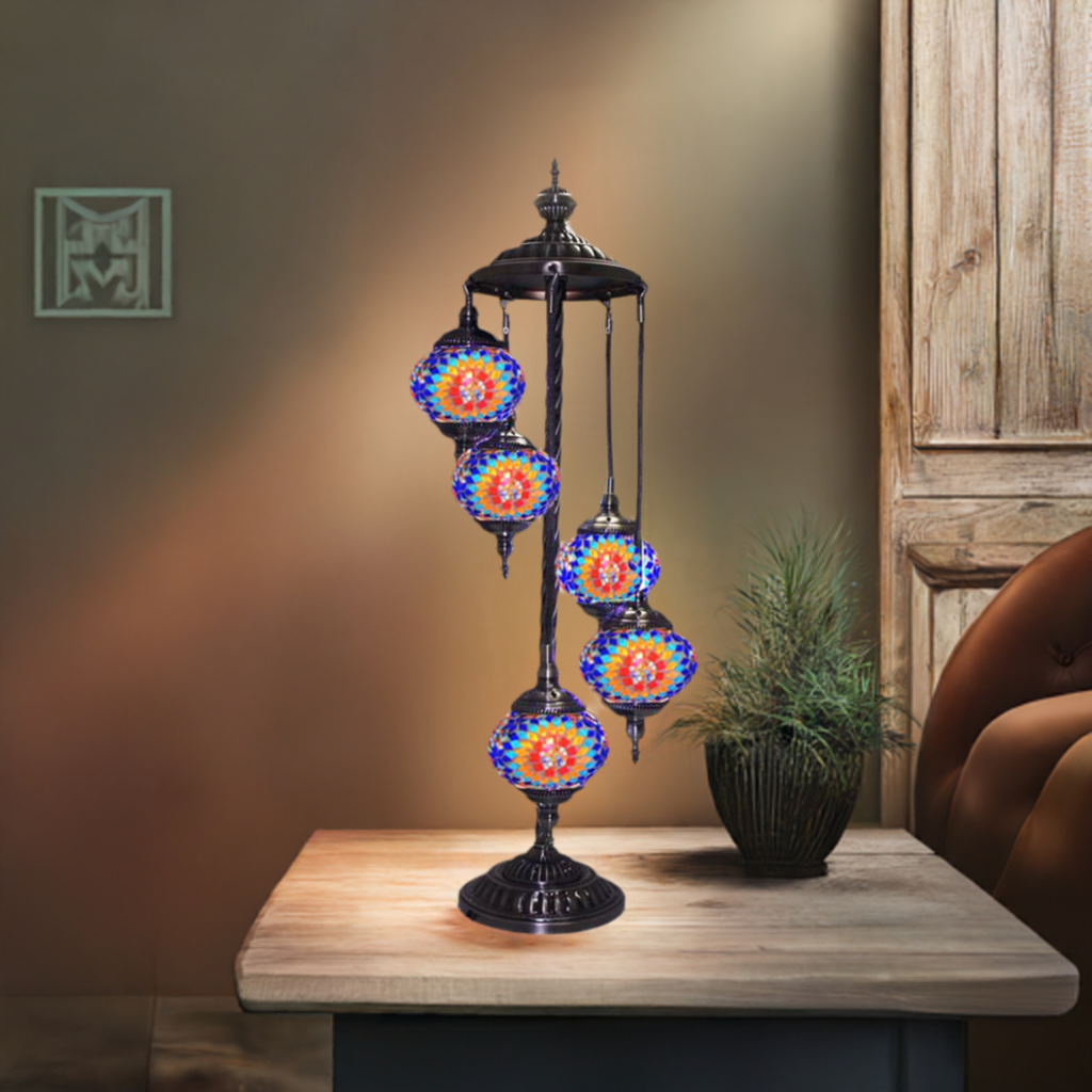 Sunflower Symphony mosaic glass table lamp — glowing in a styled room