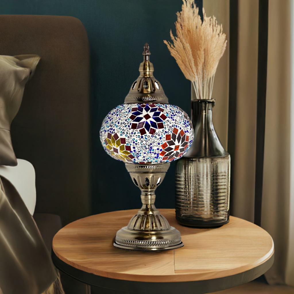 Tropical Elegance mosaic glass table lamp — on a nightstand