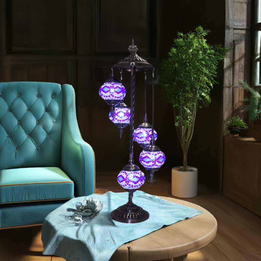 Turkish Floor Lamp with Blue Diamonds mosaic glass table lamp — glowing in a styled room
