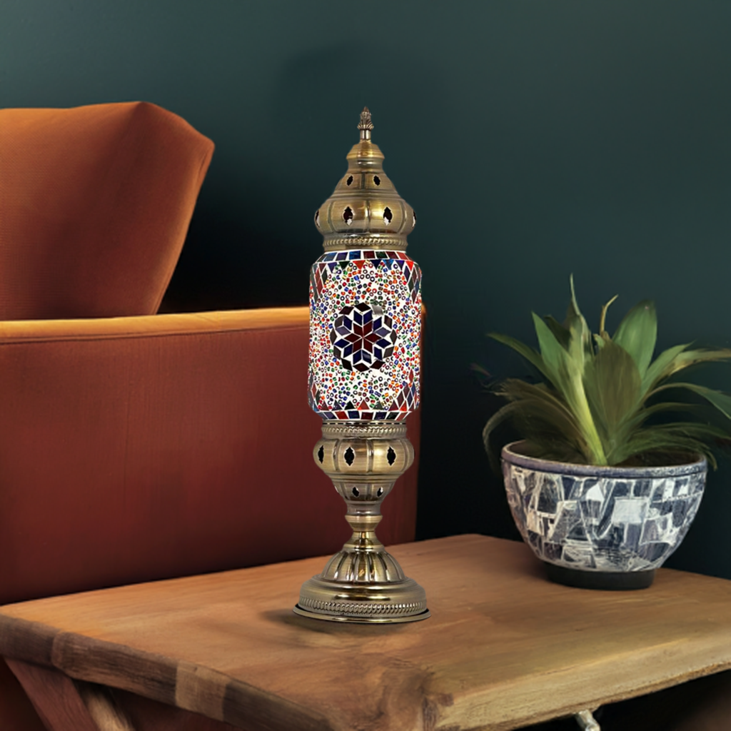 Floral Turkish Lamp in Blue & Purple mosaic glass table lamp — on a nightstand