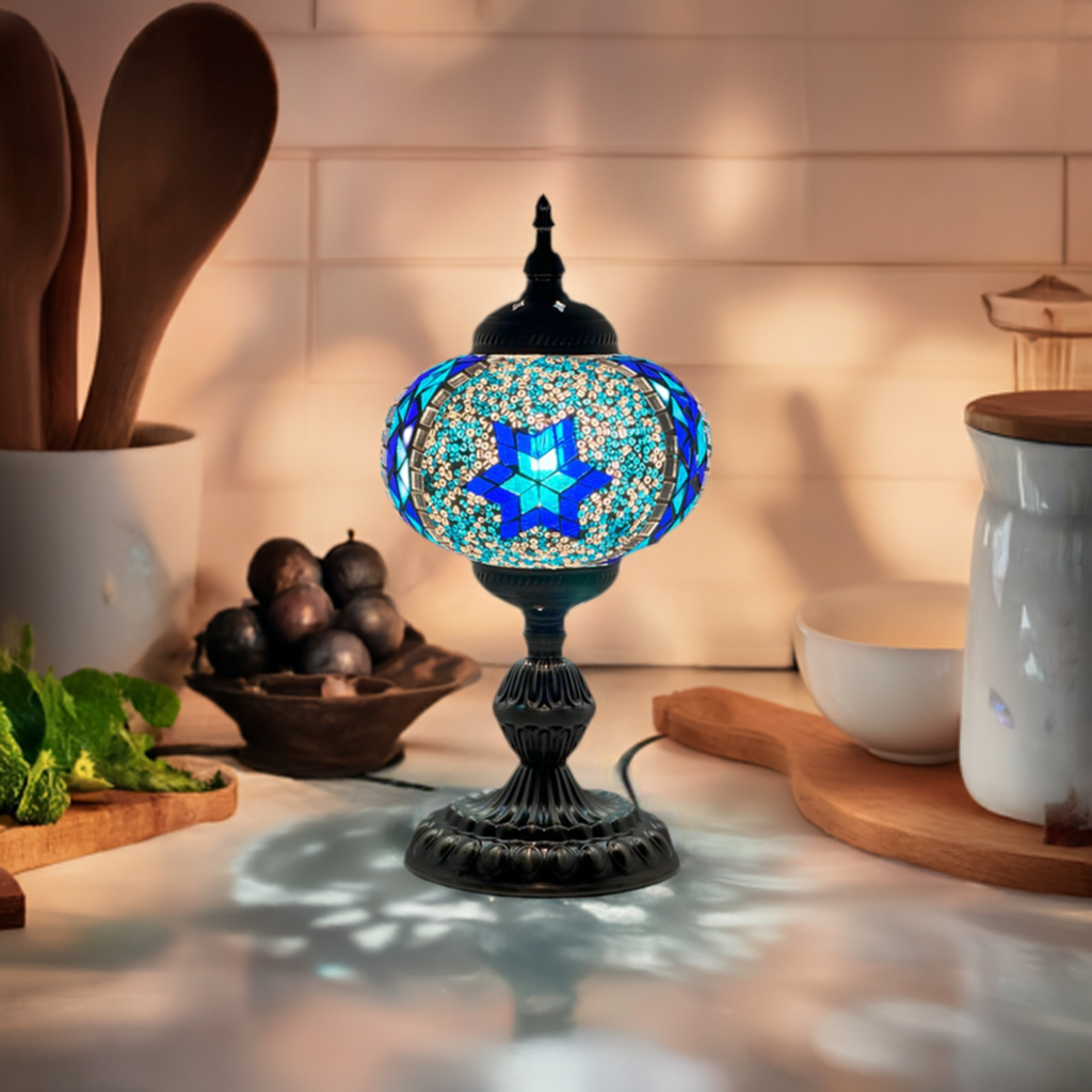 Traditional Blue Star Mosaic Turkish Table Lamp mosaic glass table lamp — glowing in a styled room