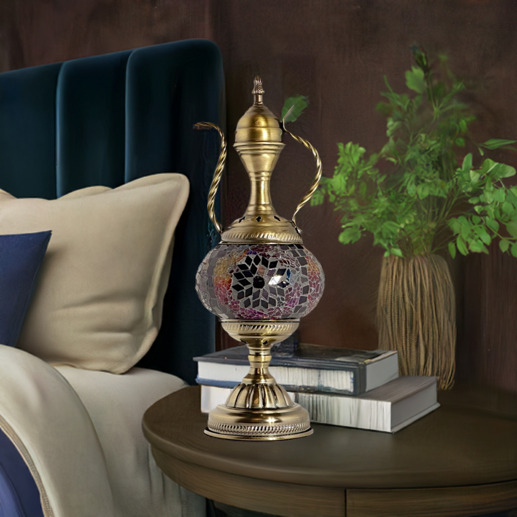Rustic Brown Turkish Table Lamp with Mosaic Pitcher Design mosaic glass table lamp — on a nightstand