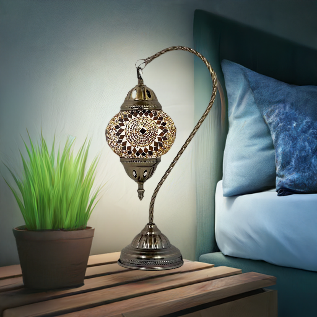 Marrakech Nights mosaic glass table lamp — on a nightstand
