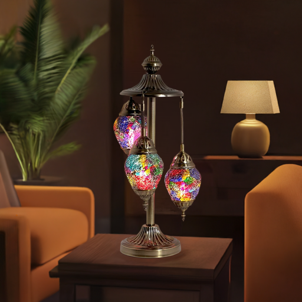 Rainbow Spectrum Egg mosaic glass table lamp — glowing in a styled room