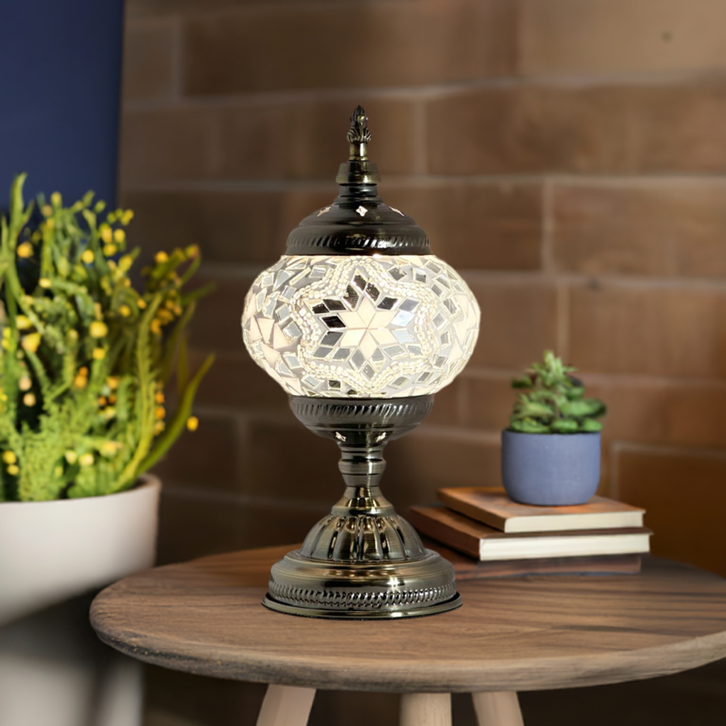 Moroccan Charm mosaic glass table lamp — glowing in a styled room