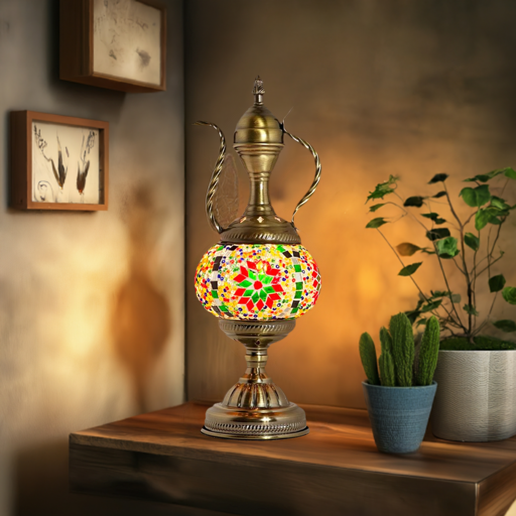 Vintage Green Turkish Lamp with Artisanal Pitcher Design mosaic glass table lamp — glowing in a styled room