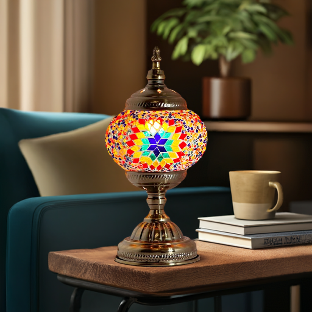 Kaleidoscope Dreams mosaic glass table lamp — glowing in a styled room