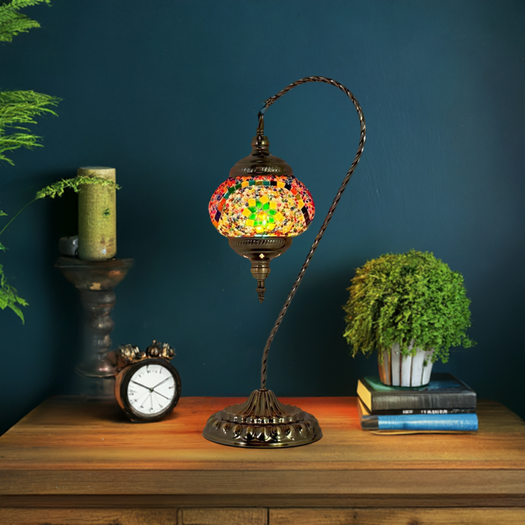 Goose Neck Mosaic Lamp with Colorful Flower Design mosaic glass table lamp — glowing in a styled room