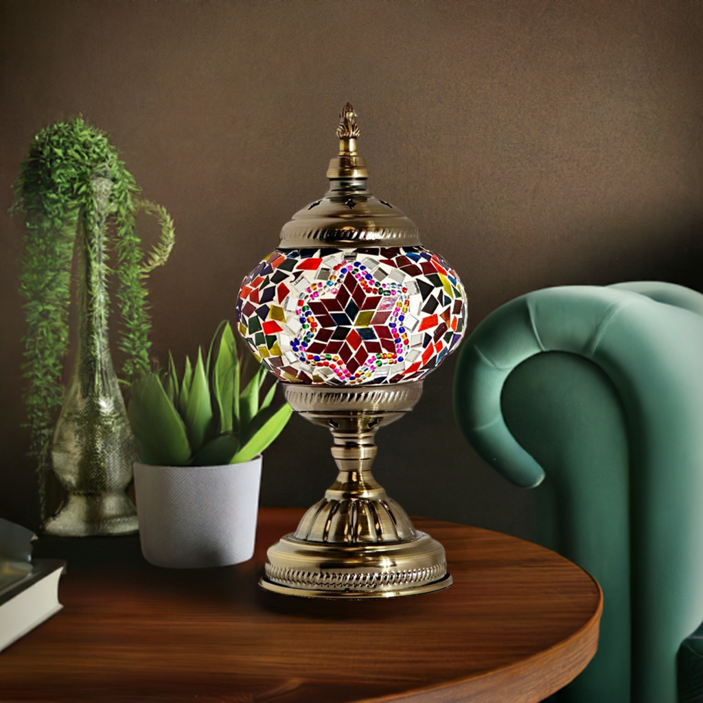 Crimson Cascade mosaic glass table lamp — on a nightstand
