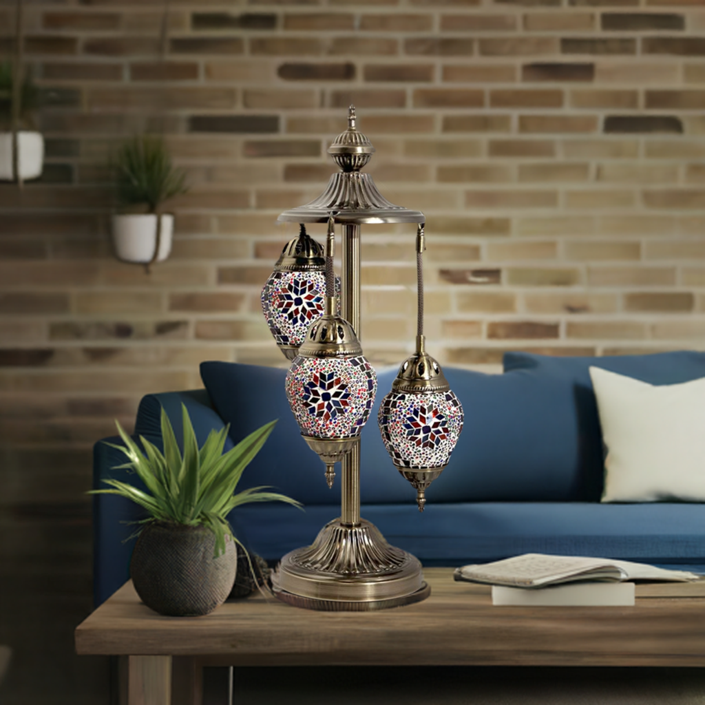 Colorful Trio mosaic glass table lamp — on a nightstand