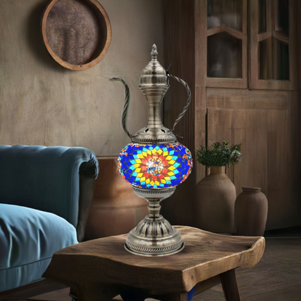 Artistic Blue Sunflower Turkish mosaic glass table lamp — glowing in a styled room