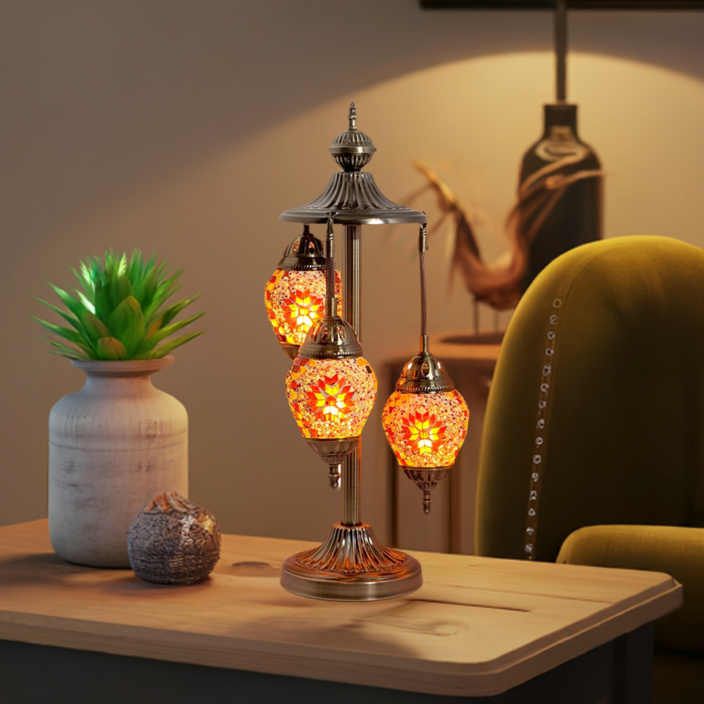 Citrus Charm mosaic glass table lamp — glowing in a styled room