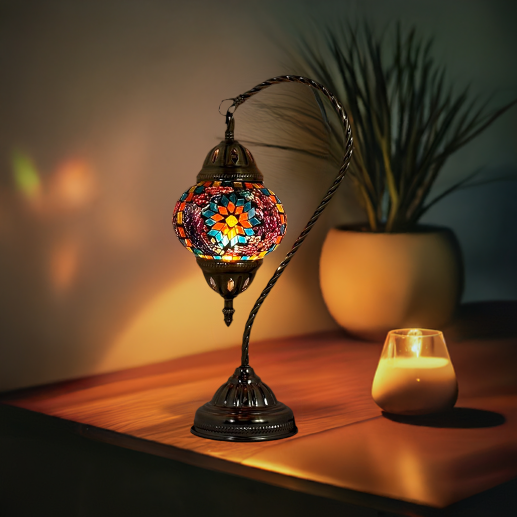 Elegant Blue Sunflower Mosaic Lamp with Turkish Swan Neck Design mosaic glass table lamp — glowing in a styled room