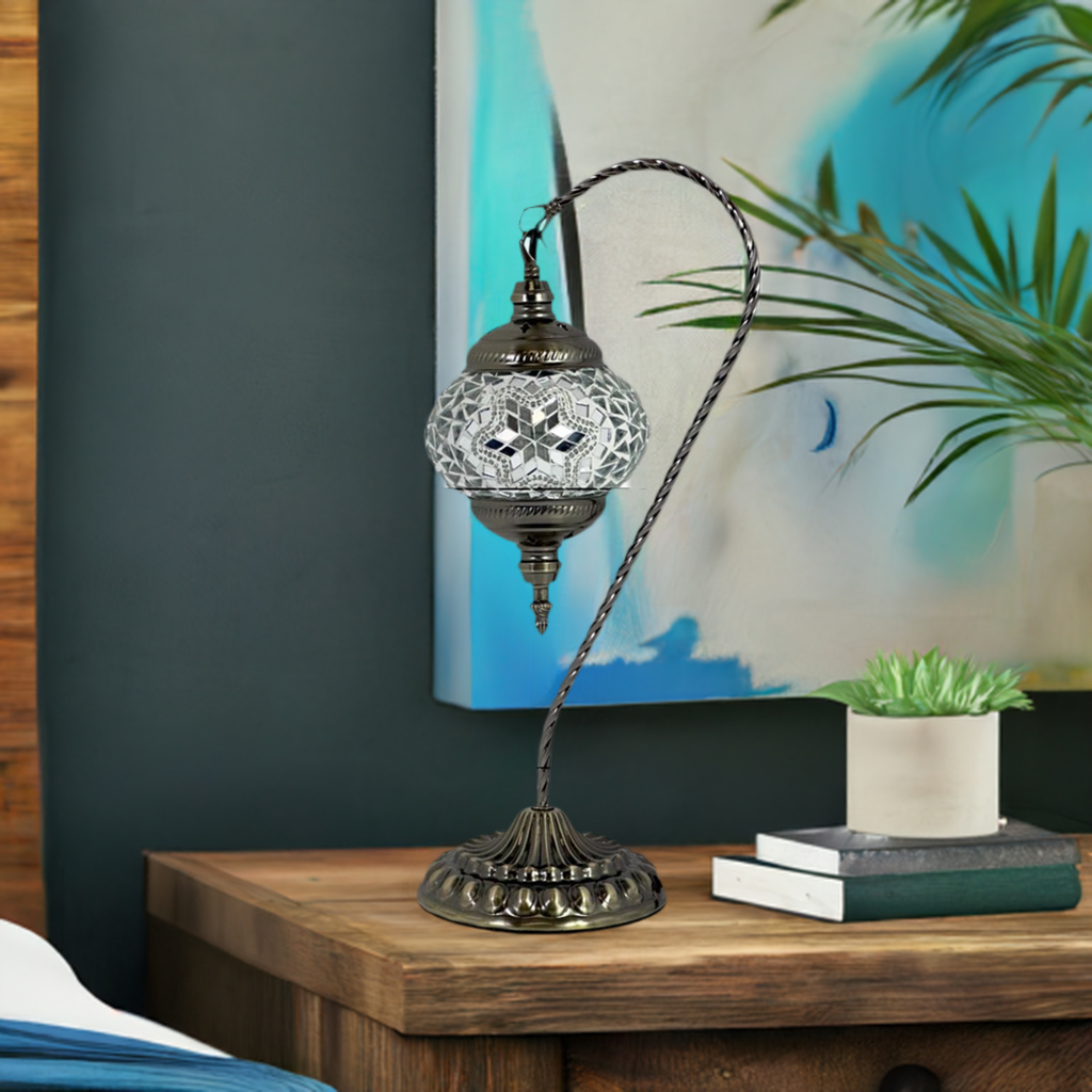 Moonlight Elegance mosaic glass table lamp — on a nightstand