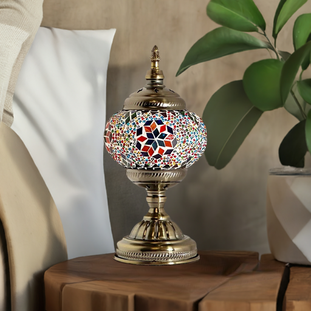 Retro Rainbow mosaic glass table lamp — on a nightstand